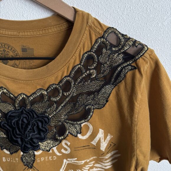 Affliction Top Womens Small Yellow Rose Lace Graphic Grunge Affliction Motors - Picture 6 of 16